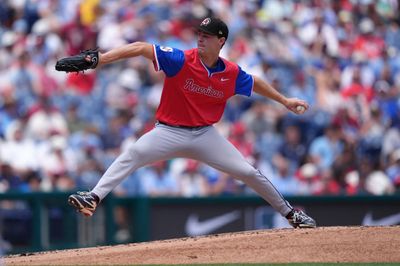 Jul 12, 2026; Philadelphia, PA, USA; American League pitcher Kade Anderson (32) throws a pitch against National League in the first inning at Citizens Bank Park. Mandatory Credit: Kyle Ross-Imagn Images