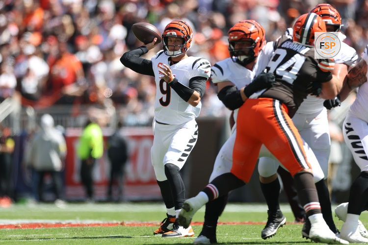 Sep 7, 2025; Cleveland, Ohio, USA; Cincinnati Bengals quarterback Joe Burrow (9) throws during the first quarter against the Cleveland Browns  at Huntington Bank Field. Credit: Scott Galvin-Imagn Images