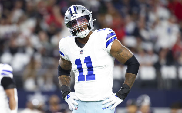 Nov 18, 2024; Arlington, Texas, USA;  Dallas Cowboys linebacker Micah Parsons (11) reacts during the first quarter against the Houston Texans at AT&T Stadium. Mandatory Credit: Kevin Jairaj-Imagn Images