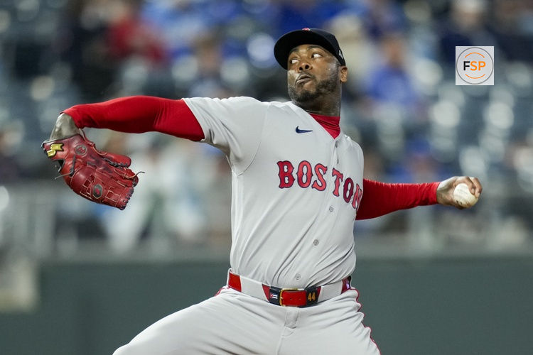 May 20, 2026; Kansas City, Missouri, USA; Boston Red Sox relief pitcher Aroldis Chapman (44) pitches during the ninth inning against the Kansas City Royals at Kauffman Stadium. Credit: Jay Biggerstaff-Imagn Images