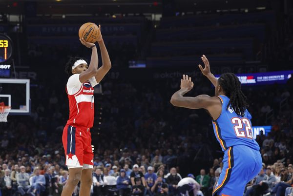 Oct 30, 2025; Oklahoma City, Oklahoma, USA; Washington Wizards guard Bilal Coulibaly (0) shoots over Oklahoma City Thunder guard Cason Wallace (22) during the second quarter at Paycom Center. Mandatory Credit: Alonzo Adams-Imagn Images
