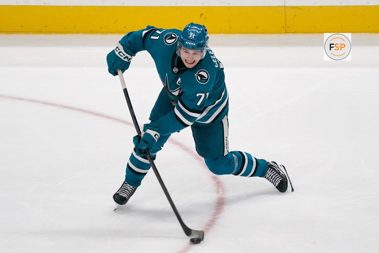 Nov 7, 2025; San Jose, California, USA;  San Jose Sharks center Macklin Celebrini (71) shoots the puck against the Winnipeg Jets during the third period at SAP Center at San Jose. Credit: David Gonzales-Imagn Images