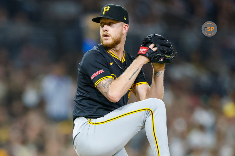 May 31, 2025; San Diego, California, USA; Pittsburgh Pirates starting pitcher Bailey Falter (6) throws a pitch during the fifth inning against the San Diego Padres at Petco Park. Credit: David Frerker-Imagn Images