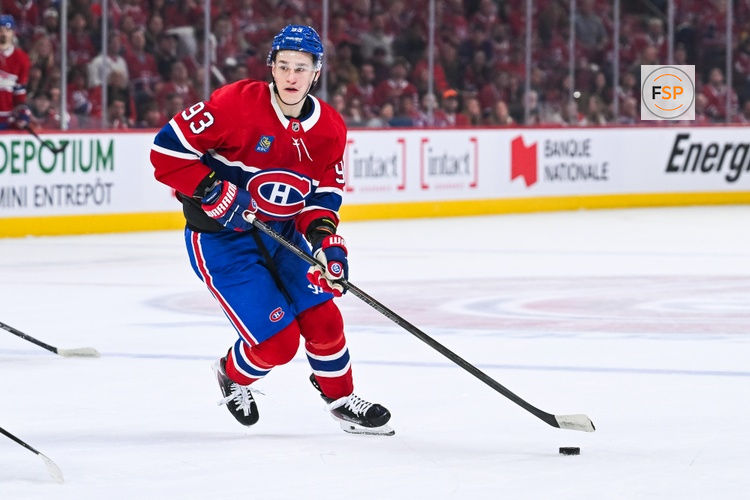 May 16, 2026; Montreal, Quebec, CAN; Montreal Canadiens right wing Ivan Demidov (93) plays the puck against the Buffalo Sabres during the first period in game six of the second round of the 2026 Stanley Cup Playoffs at Bell Centre. Credit: David Kirouac-Imagn Images
