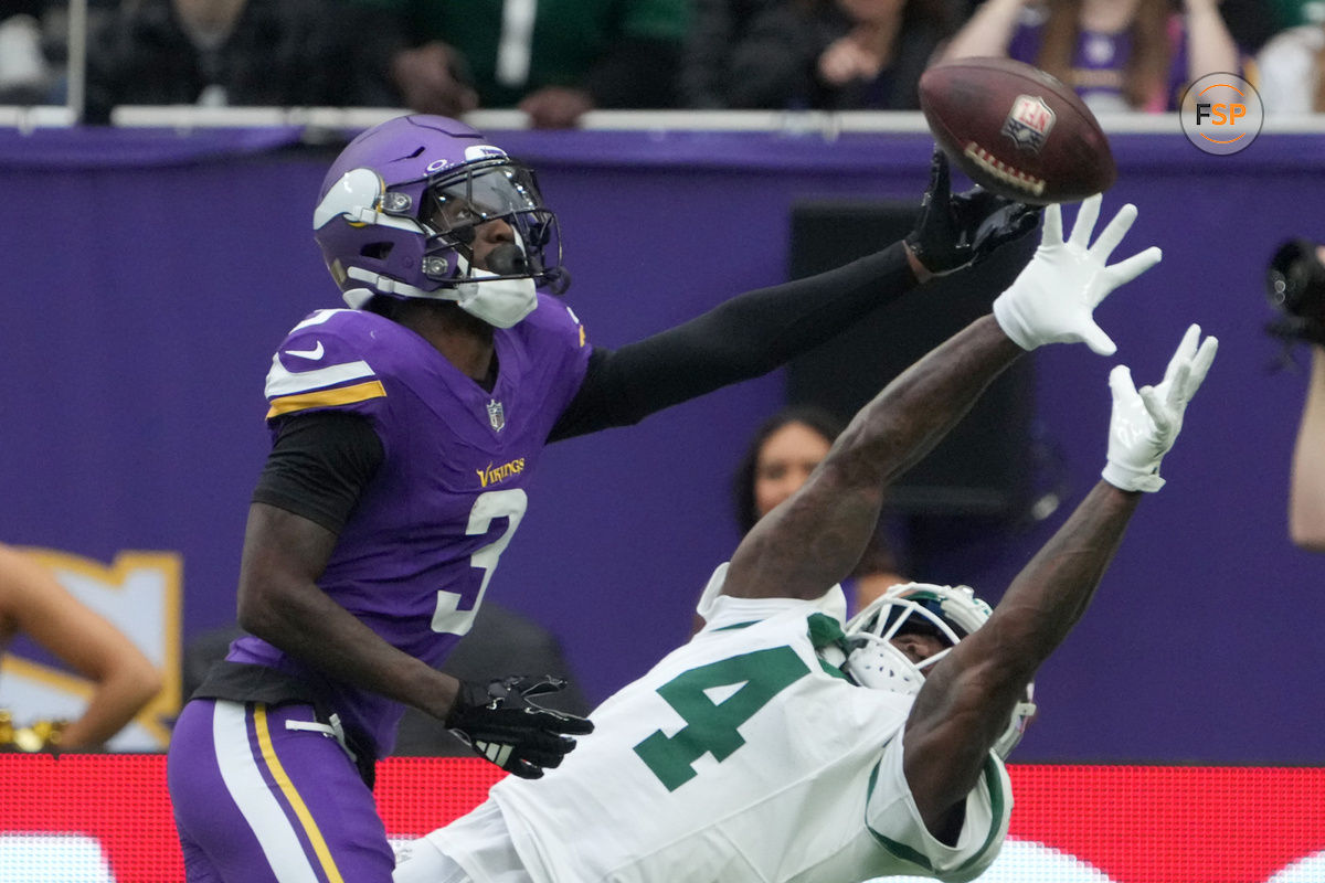 Oct 6, 2024; London, United Kingdom; New York Jets cornerback D.J. Reed (4) defends against Minnesota Vikings wide receiver Jordan Addison (3) in the first half at Tottenham Hotspur Stadium. Credit: Kirby Lee-Imagn Images