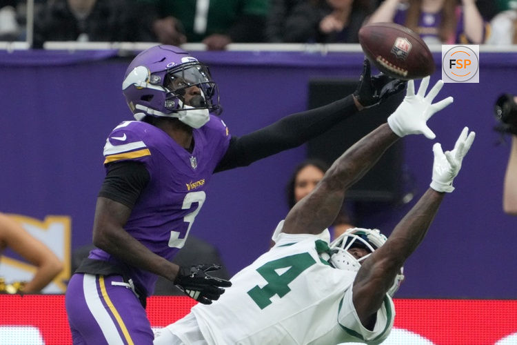 Oct 6, 2024; London, United Kingdom; New York Jets cornerback D.J. Reed (4) defends against Minnesota Vikings wide receiver Jordan Addison (3) in the first half at Tottenham Hotspur Stadium. Credit: Kirby Lee-Imagn Images
