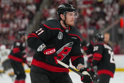 Jun 4, 2026; Raleigh, North Carolina, USA; Carolina Hurricanes defenseman Alexander Nikishin (21) skates  against the Vegas Golden Knights during the warmups in game two of the 2026 Stanley Cup Final at Lenovo Center. Mandatory Credit: James Guillory-Imagn Images