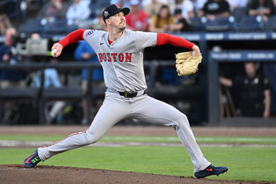 Apr 15, 2025; St. Petersburg, Florida, USA; Boston Red Sox starting pitcher Walker Buehler throws a pitch in the first inning against the Tampa Bay Rays. All players wore number 42 for Jackie Robinson Day at George M. Steinbrenner Field. Mandatory Credit: Jonathan Dyer-Imagn Images