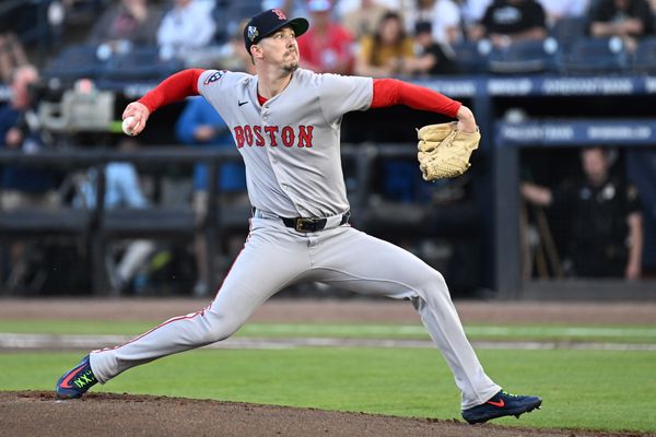 Apr 15, 2025; St. Petersburg, Florida, USA; Boston Red Sox starting pitcher Walker Buehler throws a pitch in the first inning against the Tampa Bay Rays. All players wore number 42 for Jackie Robinson Day at George M. Steinbrenner Field. Mandatory Credit: Jonathan Dyer-Imagn Images