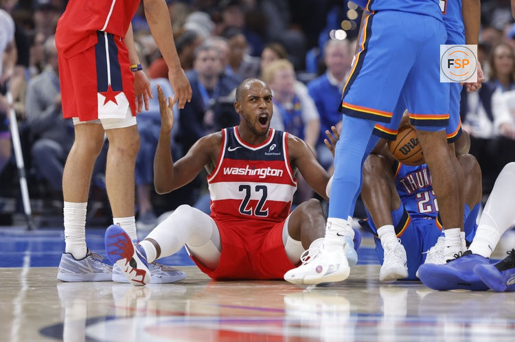 Oct 30, 2025; Oklahoma City, Oklahoma, USA; Washington Wizards forward Khris Middleton (22) reacts after a play against the Oklahoma City Thunder during the second quarter at Paycom Center. Credit: Alonzo Adams-Imagn Images