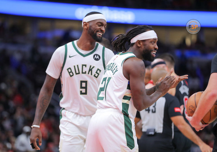 CHICAGO, IL - MARCH 01: Patrick Beverley #21 of the Milwaukee Bucks reacts to a call during the second half against the Chicago Bulls at United Center on March 1, 2024 in Chicago, Illinois. (Photo by Melissa Tamez/Icon Sportswire)