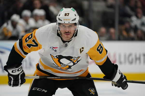 Jan 27, 2025; San Jose, California, USA;  Pittsburgh Penguins center Sidney Crosby (87) waits for a faceoff against the San Jose Sharks in the third period at SAP Center at San Jose. Mandatory Credit: David Gonzales-Imagn Images