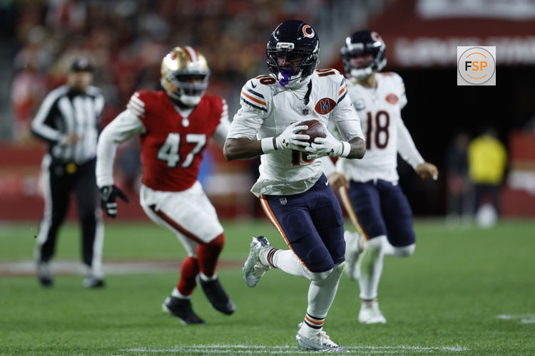 Dec 28, 2025; Santa Clara, California, USA; Chicago Bears wide receiver Luther Burden III (10) runs against the San Francisco 49ers in the second half at Levi's Stadium. Credit: Sergio Estrada-Imagn Images