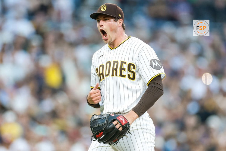May 9, 2026; San Diego, California, USA; San Diego Padres relief pitcher Mason Miller (22) celebrates after defeating the St. Louis Cardinals at Petco Park. Credit: David Frerker-Imagn Images