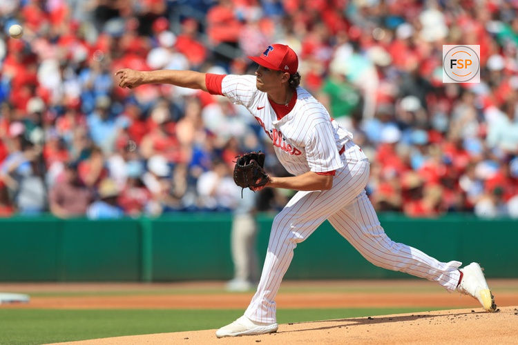 CLEARWATER, FL - FEBRUARY 28: Philadelphia Phillies pitcher Tyler Phillips (72) delivers a pitch to the plate during the spring training game between the Atlanta Braves and the Philadelphia Phillies on February 28, 2024 at BayCare Ballpark in Clearwater, Florida. (Photo by Cliff Welch/Icon Sportswire)
