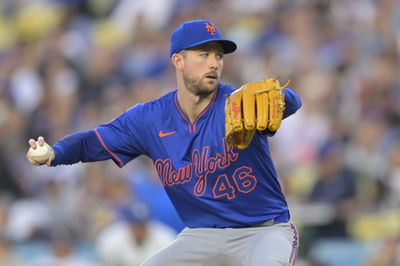Jun 4, 2025; Los Angeles, California, USA; New York Mets pitcher Griffin Canning (46) delivers a pitch during the first inning against the Los Angeles Dodgers at Dodger Stadium. Mandatory Credit: Jayne Kamin-Oncea-Imagn Images