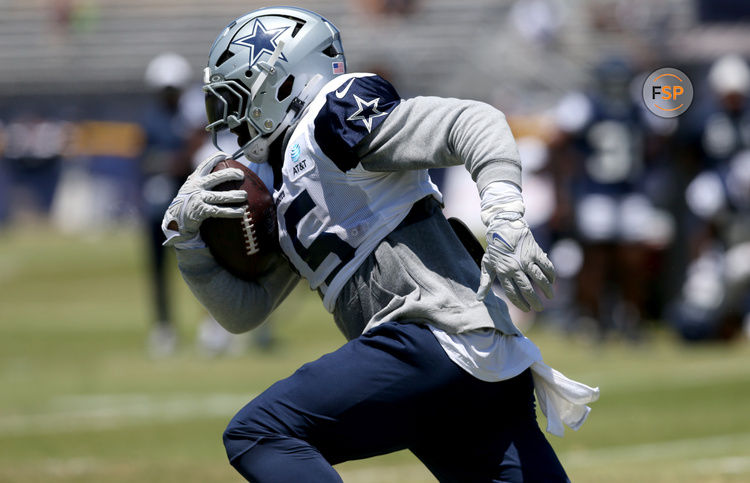 Jul 30, 2024; Oxnard, CA, USA; Dallas Cowboys running back Ezekiel Elliott (15) runs during training camp at the River Ridge Playing Fields in Oxnard, California. Credit: Jason Parkhurst-USA TODAY Sports