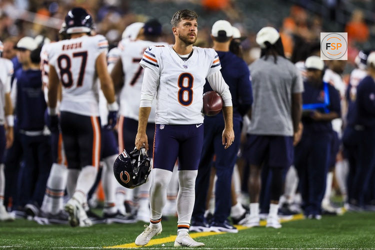 Aug 22, 2026; Cincinnati, Ohio, USA; Chicago Bears place kicker Cairo Santos (8) stands on the sidelines during the second half in the game against the Cincinnati Bengals at Paycor Stadium. Credit: Katie Stratman-Imagn Images