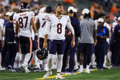 Aug 22, 2026; Cincinnati, Ohio, USA; Chicago Bears place kicker Cairo Santos (8) stands on the sidelines during the second half in the game against the Cincinnati Bengals at Paycor Stadium. Mandatory Credit: Katie Stratman-Imagn Images