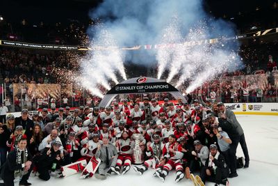 Jun 14, 2026; Las Vegas, Nevada, USA; The Carolina Hurricanes pose with the the Stanley Cup after defeating Vegas Golden Knights in game six of the 2026 Stanley Cup Final at T-Mobile Arena. Mandatory Credit: Stephen R. Sylvanie-Imagn Images     TPX IMAGES OF THE DAY     