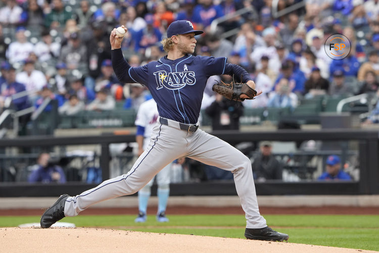Jun 15, 2025; New York City, New York, USA;  Tampa Bay Rays pitcher Shane Baz (11) delivers a pitch against the New York Mets during the first inning at Citi Field. Credit: Gregory Fisher-Imagn Images