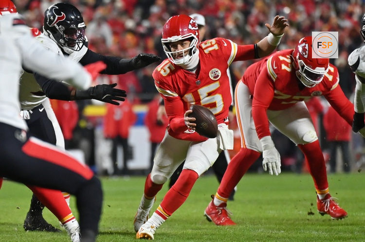 Dec 7, 2025; Kansas City, Missouri, USA; Kansas City Chiefs quarterback Patrick Mahomes (15) runs the ball during the third quarter against the Houston Texans at GEHA Field at Arrowhead Stadium. Credit: Amy Kontras-Imagn Images