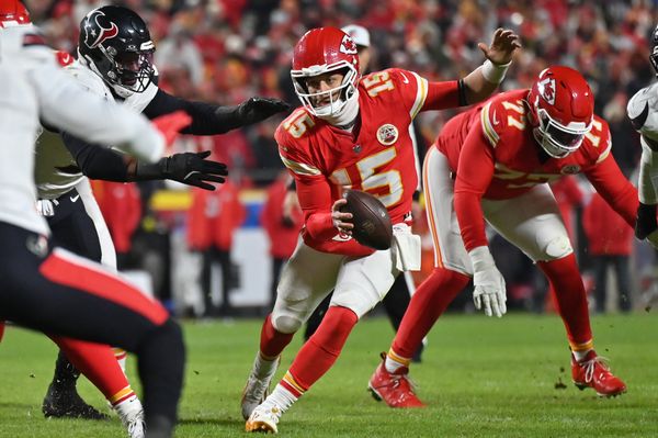 Dec 7, 2025; Kansas City, Missouri, USA; Kansas City Chiefs quarterback Patrick Mahomes (15) runs the ball during the third quarter against the Houston Texans at GEHA Field at Arrowhead Stadium. Mandatory Credit: Amy Kontras-Imagn Images