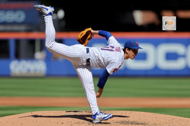 Sep 18, 2025; New York City, New York, USA; New York Mets starting pitcher Jonah Tong (21) follows through on a pitch against the San Diego Padres during the third inning at Citi Field. Credit: Brad Penner-Imagn Images