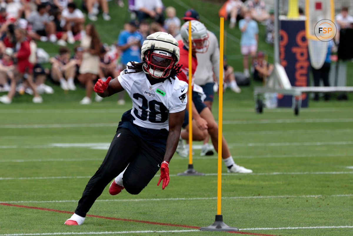 FOXBOROUGH, MA - JULY 24: New England Patriots running back Rhamondre Stevenson (38) runs the agility course during New England Patriots Training Camp on July 24, 2024, at Gillette Stadium in Foxborough, Massachusetts. (Photo by Fred Kfoury III/Icon Sportswire)