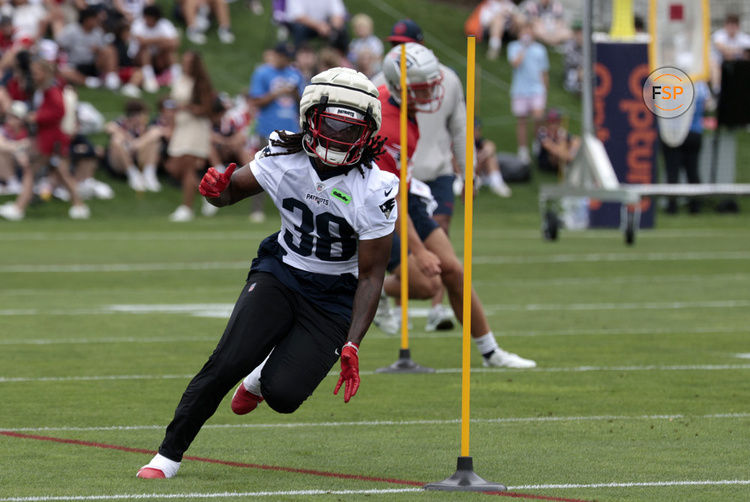 FOXBOROUGH, MA - JULY 24: New England Patriots running back Rhamondre Stevenson (38) runs the agility course during New England Patriots Training Camp on July 24, 2024, at Gillette Stadium in Foxborough, Massachusetts. (Photo by Fred Kfoury III/Icon Sportswire)