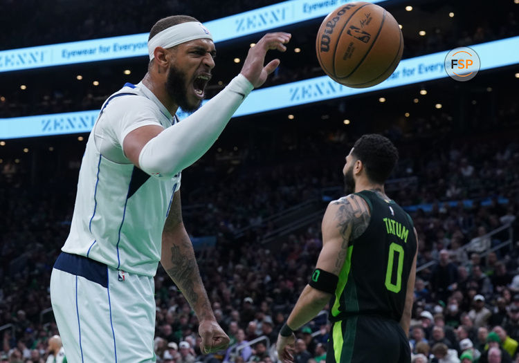 Feb 6, 2025; Boston, Massachusetts, USA; Dallas Mavericks center Daniel Gafford (21) reacts to a play against the Boston Celtics in the second quarter at TD Garden. Credit: David Butler II-Imagn Images