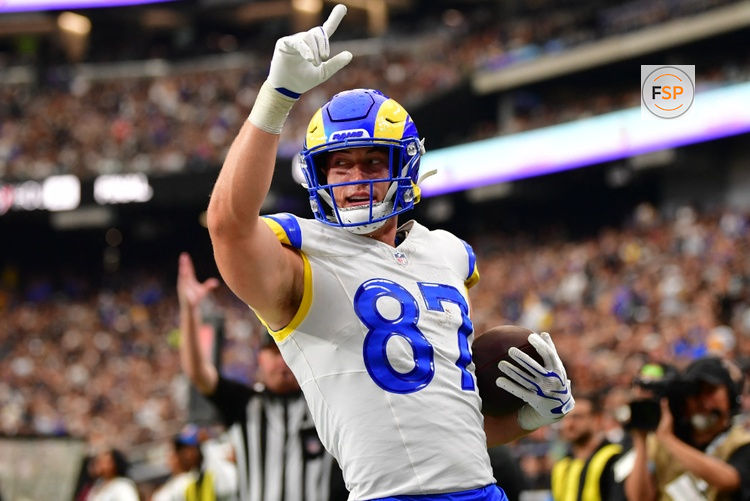 Oct 25, 2026; Paradise, Nevada, USA;  Los Angeles Rams tight end Davis Allen (87) reacts after making a touchdown  in the first half at Allegiant Stadium.  Credit: Gary A. Vasquez-Imagn Images