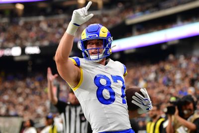 Oct 25, 2026; Paradise, Nevada, USA;  Los Angeles Rams tight end Davis Allen (87) reacts after making a touchdown  in the first half at Allegiant Stadium.  Mandatory Credit: Gary A. Vasquez-Imagn Images