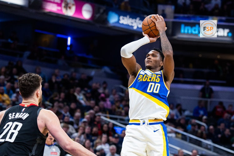 Feb 2, 2026; Indianapolis, Indiana, USA;  Indiana Pacers guard/forward Bennedict Mathurin (00) shoots the ball in the second half against the Houston Rockets at Gainbridge Fieldhouse. Credit: Trevor Ruszkowski-Imagn Images