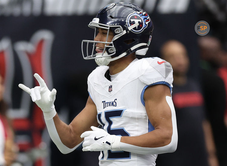 Nov 24, 2024; Houston, Texas, USA;  Tennessee Titans wide receiver Nick Westbrook-Ikhine (15) celebrates his touchdown reception against the Houston Texans in the first quarter at NRG Stadium. Credit: Thomas Shea-Imagn Images