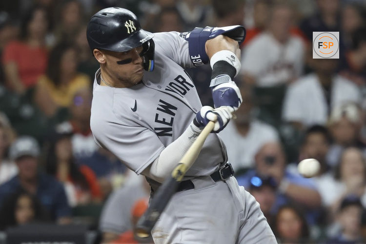 Sep 3, 2025; Houston, Texas, USA; New York Yankees designated hitter Aaron Judge (99) bats during the seventh inning against the Houston Astros at Daikin Park. Credit: Troy Taormina-Imagn Images