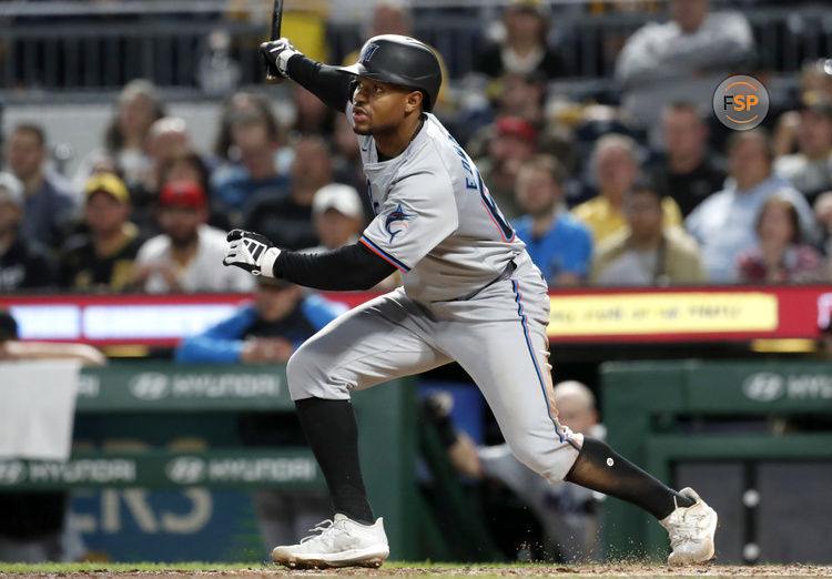 Sep 9, 2024; Pittsburgh, Pennsylvania, USA;  Miami Marlins shortstop Xavier Edwards (63) hits a single against the Pittsburgh Pirates during the fifth inning at PNC Park. Credit: Charles LeClaire-Imagn Images