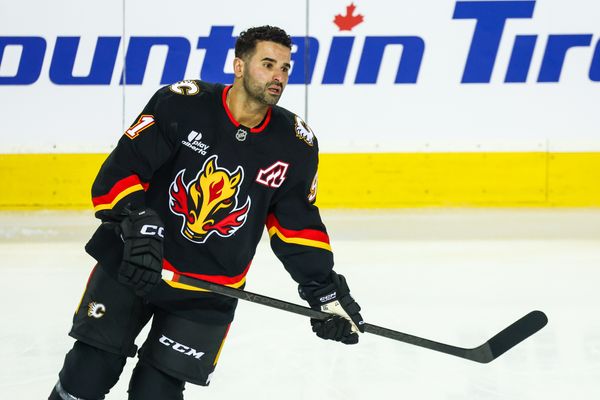 Mar 5, 2026; Calgary, Alberta, CAN; Calgary Flames center Nazem Kadri (91) skates during the warmup period against the Ottawa Senators at Scotiabank Saddledome. Mandatory Credit: Sergei Belski-Imagn Images