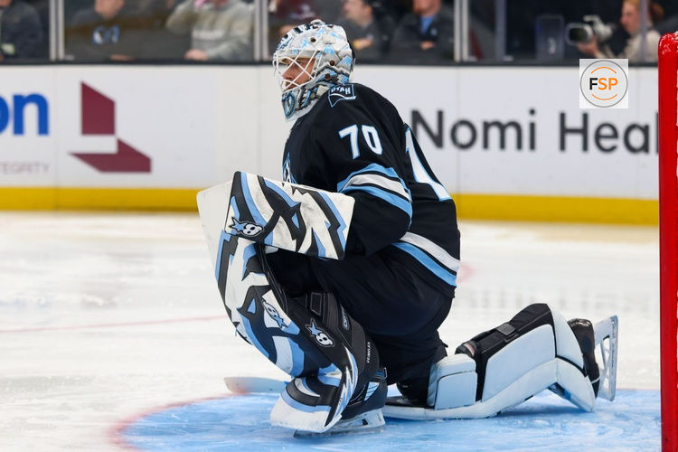 Apr 16, 2026; Salt Lake City, Utah, USA; Utah Mammoth goaltender Karel Vejmelka (70) waits for play to resume against the St. Louis Blues during the second period at Delta Center. Credit: Rob Gray-Imagn Images