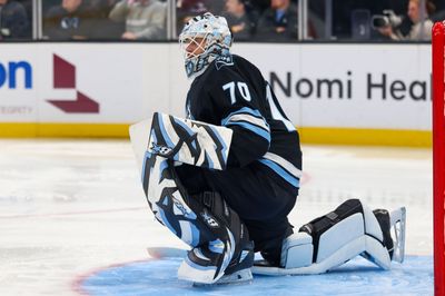 Apr 16, 2026; Salt Lake City, Utah, USA; Utah Mammoth goaltender Karel Vejmelka (70) waits for play to resume against the St. Louis Blues during the second period at Delta Center. Mandatory Credit: Rob Gray-Imagn Images