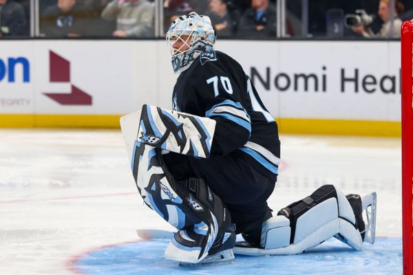 Apr 16, 2026; Salt Lake City, Utah, USA; Utah Mammoth goaltender Karel Vejmelka (70) waits for play to resume against the St. Louis Blues during the second period at Delta Center. Mandatory Credit: Rob Gray-Imagn Images