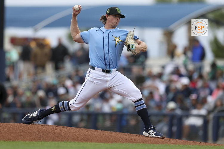 Mar 17, 2026; Port Charlotte, Florida, USA; Tampa Bay Rays starting pitcher Ryan Pepiot (44) throws a pitch against the New York Yankees in the first inning during spring training at Charlotte Sports Park. Credit: Nathan Ray Seebeck-Imagn Images