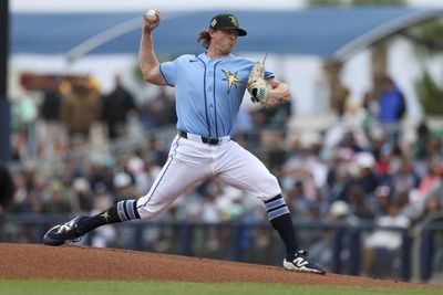 Mar 17, 2026; Port Charlotte, Florida, USA; Tampa Bay Rays starting pitcher Ryan Pepiot (44) throws a pitch against the New York Yankees in the first inning during spring training at Charlotte Sports Park. Mandatory Credit: Nathan Ray Seebeck-Imagn Images