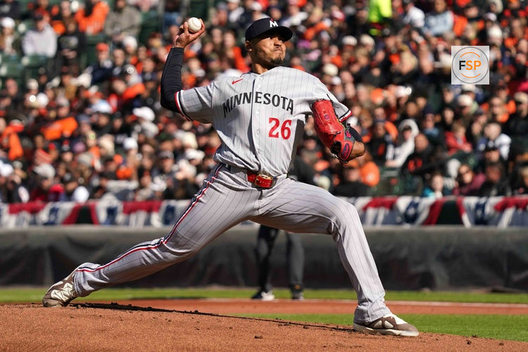 Mar 28, 2026; Baltimore, Maryland, USA; Minnesota Twins  pitcher Taj Bradley (26) delivers during the first inning against the Baltimore Orioles at Oriole Park at Camden Yards. Credit: Mitch Stringer-Imagn Images