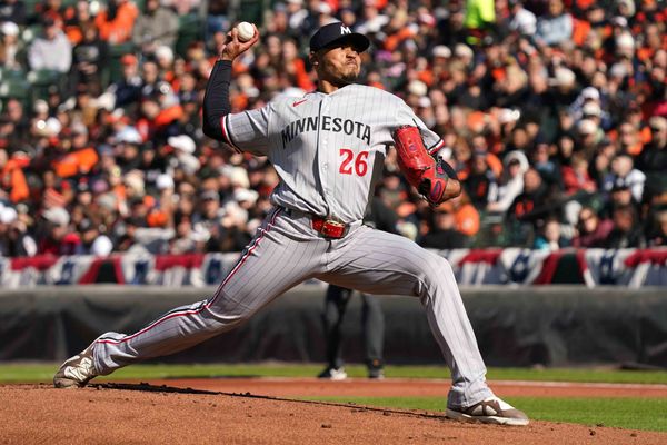Mar 28, 2026; Baltimore, Maryland, USA; Minnesota Twins  pitcher Taj Bradley (26) delivers during the first inning against the Baltimore Orioles at Oriole Park at Camden Yards. Mandatory Credit: Mitch Stringer-Imagn Images