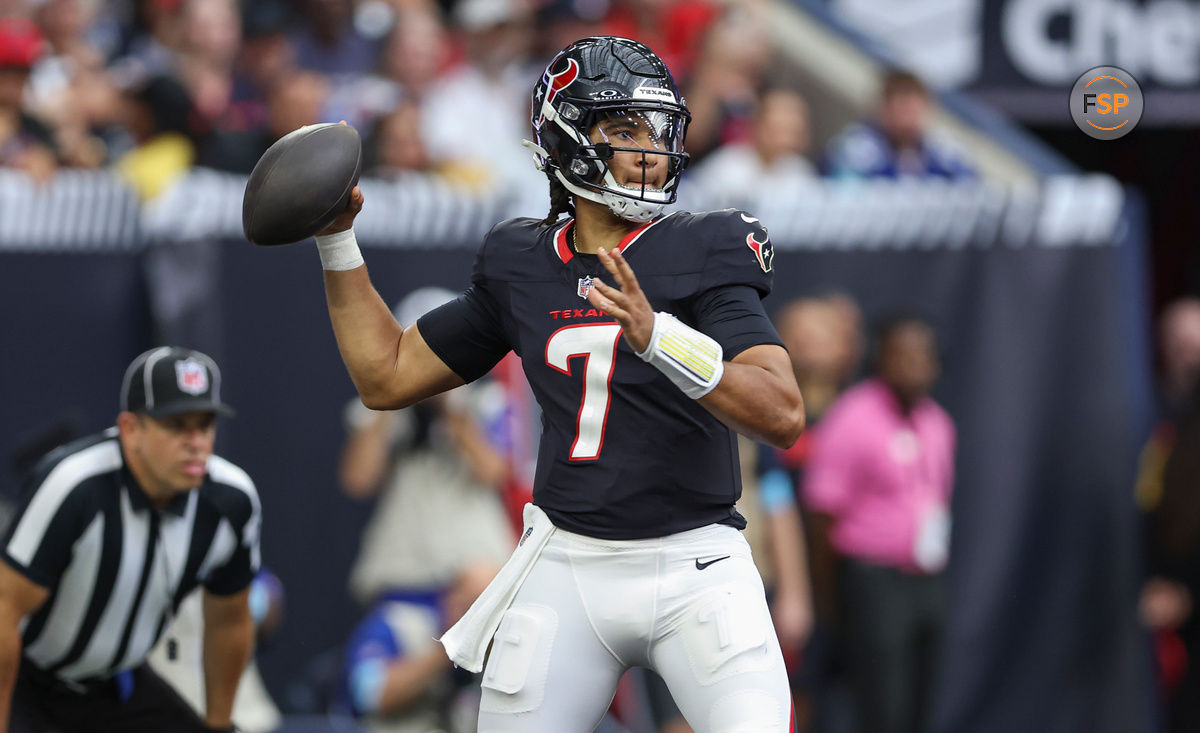 Aug 17, 2024; Houston, Texas, USA; Houston Texans quarterback C.J. Stroud (7) in action during the game against the New York Giants at NRG Stadium. Credit: Troy Taormina-USA TODAY Sports