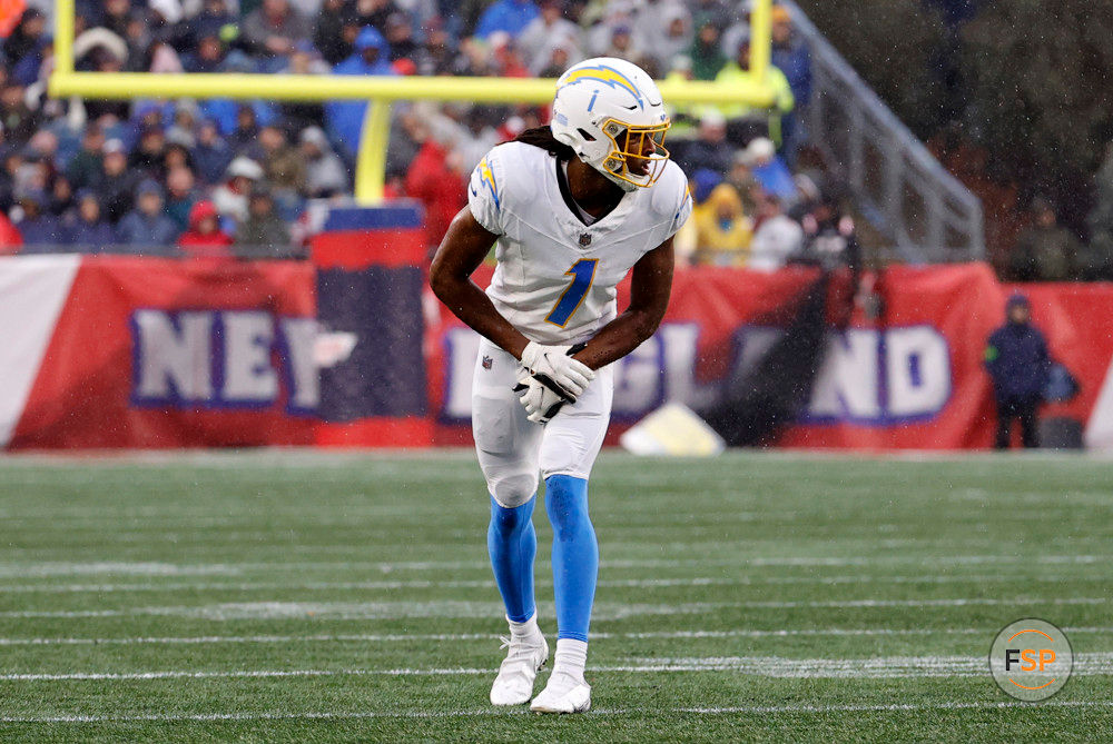 FOXBOROUGH, MA - DECEMBER 03: Los Angeles Chargers wide receiver Quentin Johnston (1) lines up during a game between the New England Patriots and the Los Angeles Chargers on December 3, 2023, at Gillette Stadium in Foxborough, Massachusetts. (Photo by Fred Kfoury III/Icon Sportswire)