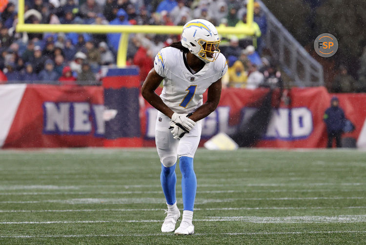 FOXBOROUGH, MA - DECEMBER 03: Los Angeles Chargers wide receiver Quentin Johnston (1) lines up during a game between the New England Patriots and the Los Angeles Chargers on December 3, 2023, at Gillette Stadium in Foxborough, Massachusetts. (Photo by Fred Kfoury III/Icon Sportswire)