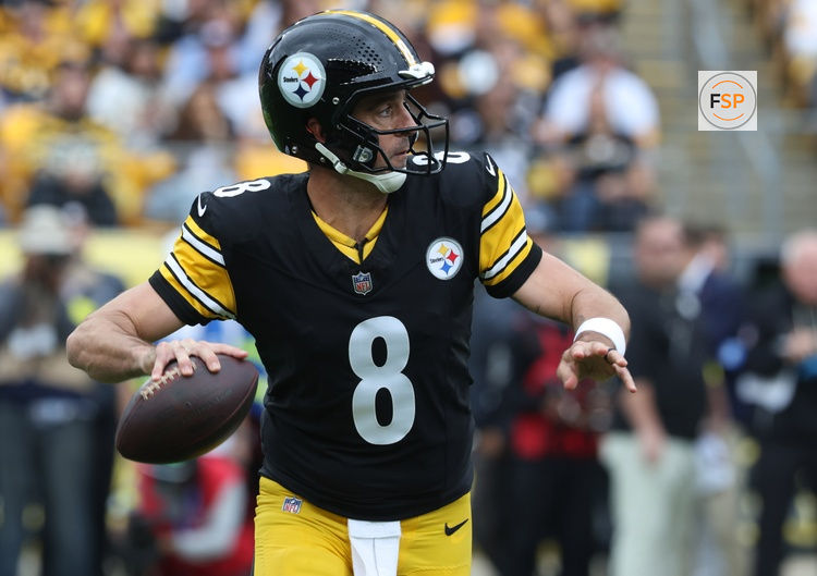 Oct 12, 2025; Pittsburgh, Pennsylvania, USA;  Pittsburgh Steelers quarterback Aaron Rodgers (8) passes against the Cleveland Browns during the first quarter at Acrisure Stadium. Credit: Charles LeClaire-Imagn Images