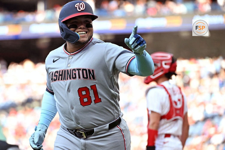 Aug 3, 2026; Philadelphia, Pennsylvania, USA; Washington Nationals first baseman Abimelec Ortiz (81) reacts after hitting a home run during the first inning against the Philadelphia Phillies at Citizens Bank Park. Credit: Eric Hartline-Imagn Images